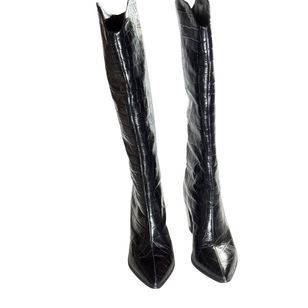 Schutz Mariana Black Crocodile-Embossed Leather Knee-High Black Boots 9.5B - Picture 5 of 14